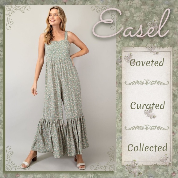 easel Pants - EASEL Smocked Sleeveless Lightweight Ultra Wide Leg Ruffled Hem Jumpsuit Romper